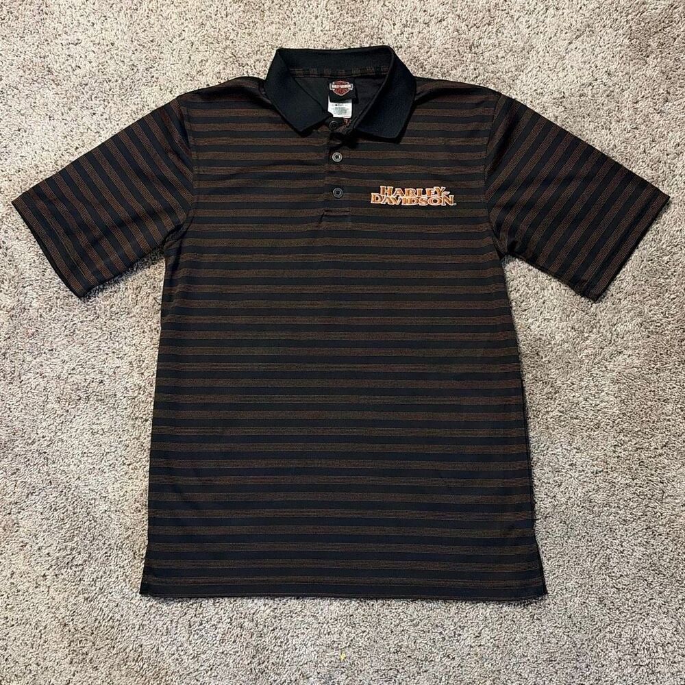 Harley Davidson Brown Striped Short Sleeve Polo Shirt Medium Okoboji IA - Picture 2 of 7